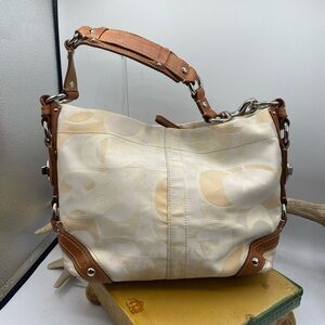 614Coach jacquard cream &khaki Carley bag silver hardware #11960 excellent